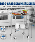 Stainless Steel Rolling Work Table With Wheels 24x24 Inch NSF Certified Pro Grade Heavy Duty 34 Inch Tall With Adjustable Undershelf For Commercial Restaurants Garages And Outdoor BBQs