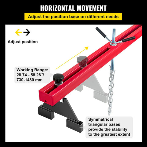 Beefy Heavy Duty Engine Support Bar 1100 Lbs Capacity For Transmissions And Engine Removal With 2 Point Lift Dual Hooks Stable Hoist For Home Garages And Auto Repair Shops, red steel beam, 730-1480 mm