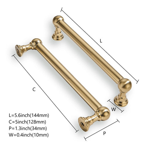2 Pack 5 Inch Hole Center Brushed Brass Cabinet Pulls Heavy Duty Solid Zinc Alloy Handles with measurements displayed