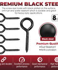Heavy Duty Black Screw Eyes Set Of 8 3.2 Inch Self Tapping Eye Hooks For Wood And Cable Management, Ideal For Hammock Stands