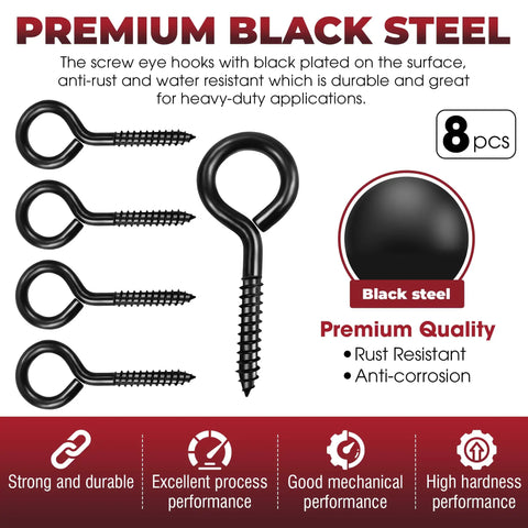 Heavy Duty Black Screw Eyes Set Of 8 3.2 Inch Self Tapping Eye Hooks For Wood And Cable Management, Ideal For Hammock Stands
