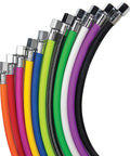 Colorful braided scuba hoses, focus on the green 40 inch Low Pressure Braided Miflex Scuba Hose, kink-resistant, oxygen compatible.