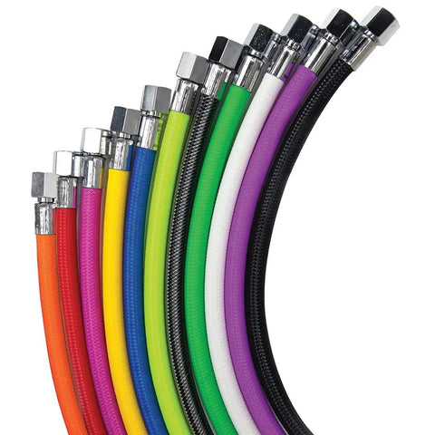 Colorful braided scuba hoses, focus on the green 40 inch Low Pressure Braided Miflex Scuba Hose, kink-resistant, oxygen compatible.