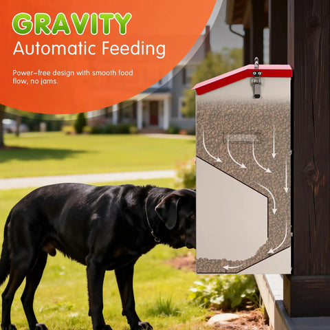 Heavy Duty Automatic Dog Feeder For Large Dogs With 25lb Gravity Bowl Clear Window View and Easy Push Gate Design For Big Hounds and Hustling Pet Parents Daily with dog eating from it.