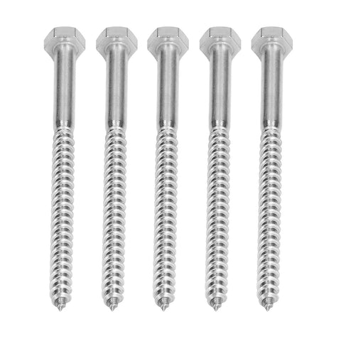 Front view of five Half Thread Hex Lag Screws For Wood 304 Stainless Steel Self Tapping Fasteners For Carpentry DIN571 M8x120mm