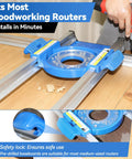 Flat Sled System for Precise Router Trimming and Planing, showing durable aluminum rails with brush removal, person using drill