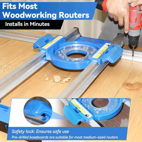 Flat Sled System for Precise Router Trimming and Planing, showing durable aluminum rails with brush removal, person using drill