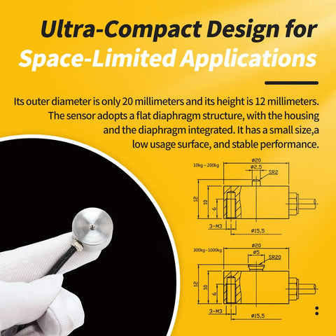 Compact Flush Diaphragm Button Load Cell Stainless Steel IP66 Compression Sensor For OEM Space Constrained Setups 10 To 500 Kg Range 0.5 Percent FS Ideal For Collaborative Robots End Of Arm Tooling And Servo Press Monitoring, 20 mm