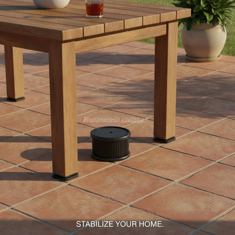 Four Pack Adjustable Furniture Leg Levelers With Sponge Base under wooden table on tile floor.