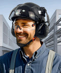 Tough Carbon Fiber ABS Safety Helmet with Integrated Clear and Tinted Goggles Plus Adjustable Noise-Canceling Ear Muffs for Top-Notch Head and Hearing Protection on Industrial Construction Sites ANSI Z89.1 Approved Adjustable Fit for All-Day Comfort in