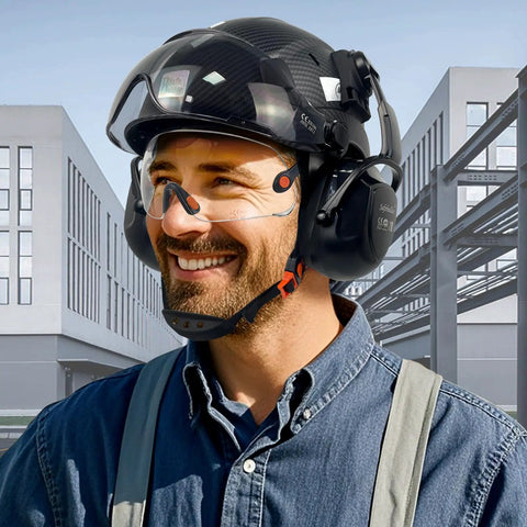 Tough Carbon Fiber ABS Safety Helmet with Integrated Clear and Tinted Goggles Plus Adjustable Noise-Canceling Ear Muffs for Top-Notch Head and Hearing Protection on Industrial Construction Sites ANSI Z89.1 Approved Adjustable Fit for All-Day Comfort in