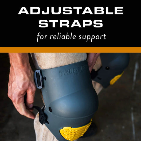 Person adjusting Extra Large Work Knee Pads With Heavy Duty Foam Padding Anti Slip Double Straps for Indoor and Outdoor Jobs.