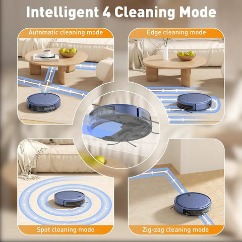 Robot Vacuum And Mop Combo With Schedule App Remote Voice Control 2300Pa Strong Suction Slim Self Charging Dock 2 In 1 Floor Cleaner For Pet Hair On Carpets And Hard Floors showing four intelligent cleaning modes.