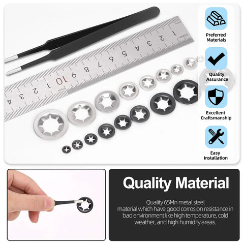 Glarks 209pcs internal-tooth star lock washer set with tweezers and ruler; nine sizes, silver and black
