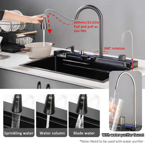 Smart Kitchen Sink with Digital Display, Dual Waterfall Design, Pull-Out Faucet, Pressurized Cup Washer for Modern Kitchens, showing 360° rotating faucet.