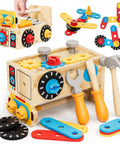 Wooden Toddler Tool Set For Tots 2 To 4; wooden toolbox with hammer, wrench, gears, and colorful pieces on display.