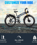 Dual Motor Beast Electric Bike For Adults With 3000W Peak AWD Power, highlighted dimensions and features on rocky terrain.