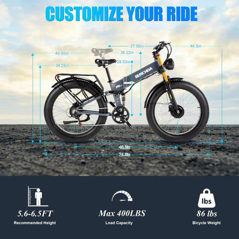 Dual Motor Beast Electric Bike For Adults With 3000W Peak AWD Power, highlighted dimensions and features on rocky terrain.