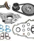 Premium Timing Chain Kit Fits 2007-2013 Chevy Avalanche And Silverado Plus Suburban Sierra With 5.3L 6.0L 6.2L Engines Durable Metal Build Slays Stretching Issues Keeps Your Ride Rockin Hard., timing chain, sprockets, tensioner, oil pump, and gaskets on white background