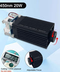 Laser engraver module, side view, black aluminum housing with adjustable focus knob and 450nm 20W laser