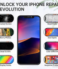 IPhone 11 Pro Screen Replacement Full Assembly 5 8 Inch With Ear Speaker Sensor Front Earpiece 3D Touch LCD Digitizer showing repair causes like cracked screen, dead pixels, blurry photos, dust spots, dead screen, color difference, display issues, response problem on magnetic screw mat.