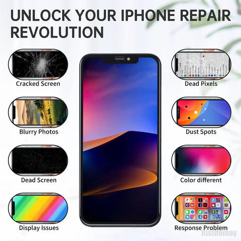 IPhone 11 Pro Screen Replacement Full Assembly 5 8 Inch With Ear Speaker Sensor Front Earpiece 3D Touch LCD Digitizer showing repair causes like cracked screen, dead pixels, blurry photos, dust spots, dead screen, color difference, display issues, response problem on magnetic screw mat.