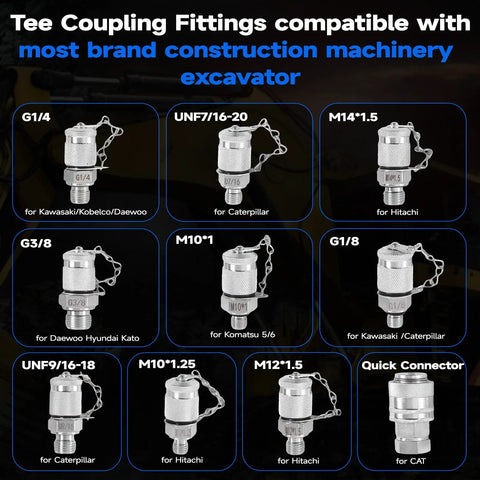 10-piece metal hydraulic test connector tee kit for construction machinery excavators; grid view shows various thread sizes
