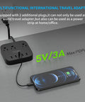 All In One Travel Power Strip With USB C And 4 USB Ports, 3 AC Outlets, EU UK US Plug Adapter charging a phone