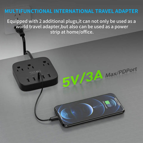 All In One Travel Power Strip With USB C And 4 USB Ports, 3 AC Outlets, EU UK US Plug Adapter charging a phone