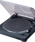 Denon Dp29F Fully Automatic Analog Turntable With Built In Phono Stage Diecast Aluminum Bass And Treble Controls For High Fidelity Vinyl Listening Pleasure At 33 Or 45 Rpm Speeds, viewed from above with lid open.