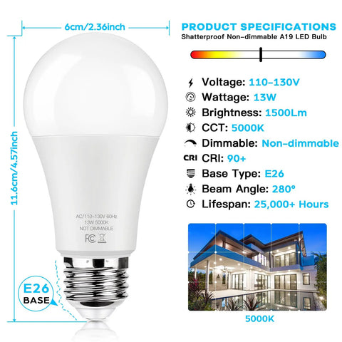 Image of Ridiculously Bright 100W Equivalent LED A19 Bulbs 1500 Lumens 5000K Daylight White No Flicker Non Dimmable E26 Edison Screw