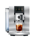Front view of Automatic Coffee Machine With Cold Brew One Touch Brew And Sweet Hot Specialty Drinks 40 Varieties Smart Grinder Auto Adjust Aluminum White Home Coffee Maker with cold brew cup