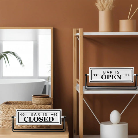 Smooth Flipping Open Closed Sign, Handmade Metal Counter Decor For Your Cozy Home Bar Or Office Coffee Spot With Black Stand And Embossed Lettering Straight Up Real Deal displayed on shelf.