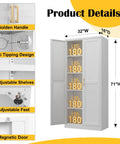 White Metal Pantry Cabinet 71 Inch Tall Kitchen Storage Organizer With Doors And Four Adjustable Shelves Two Gold Handles