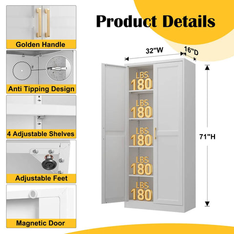 White Metal Pantry Cabinet 71 Inch Tall Kitchen Storage Organizer With Doors And Four Adjustable Shelves Two Gold Handles