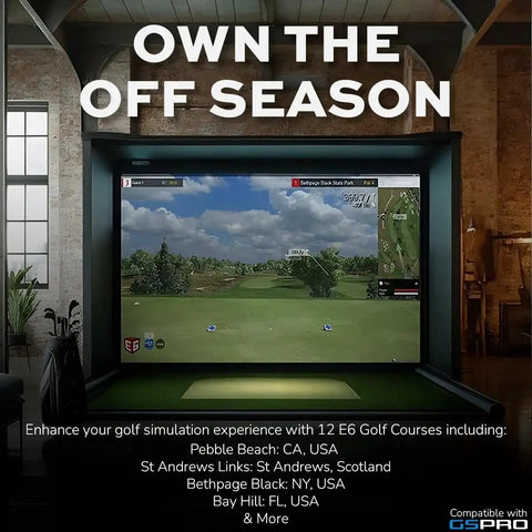 Indoor setup showing X3C Carbon Golf Launch Monitor and Simulator with Full Tracking Radar, 12 E6 Connect Courses on screen.