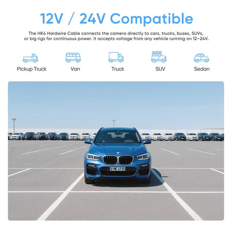 Car in parking lot showcasing compatibility with Hardwire Kit With 8 Fuse Tap Pack And Type C Port For Dash Cams, Keeps Your Dash Cam Juiced 24 Seven Parking Power, Low Voltage Cutoff, Battery Protection, Easy Install, Compatible With A329, A229, A119Mini2, A139Pro, WM1, T130.