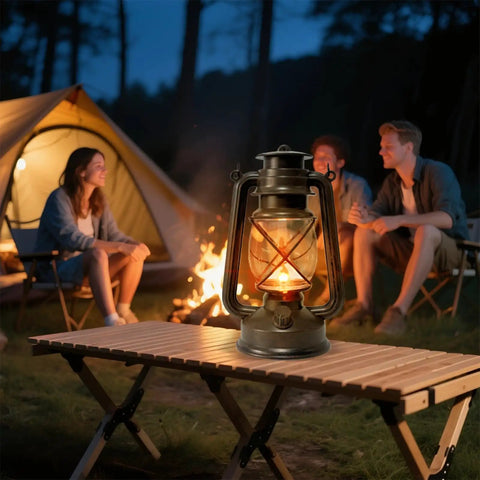 Vintage LED Outdoor Lantern With Dancing Flame Wick on camping table next to tent and campfire, Bronze Color, Weatherproof