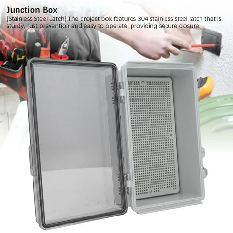 Big Abs Plastic Electrical Junction Box 175x275x110mm Waterproof Ip67 Enclosure open to show interior with stainless steel latch.