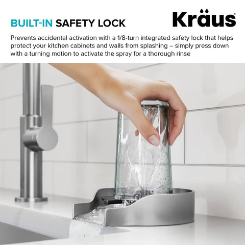 Skip The Scrub Stainless Steel Glass Rinser For Kitchen Sink Attachment Spot Free Drinkware Cleaner in use with a glass.