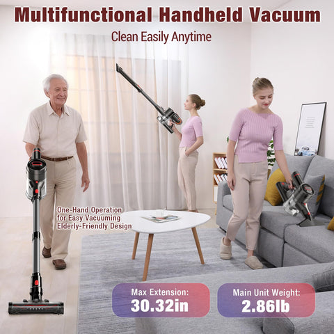 Cordless Vacuum Cleaner With 450W Motor And 40KPa Max Suction used by elderly man and woman in living room setting