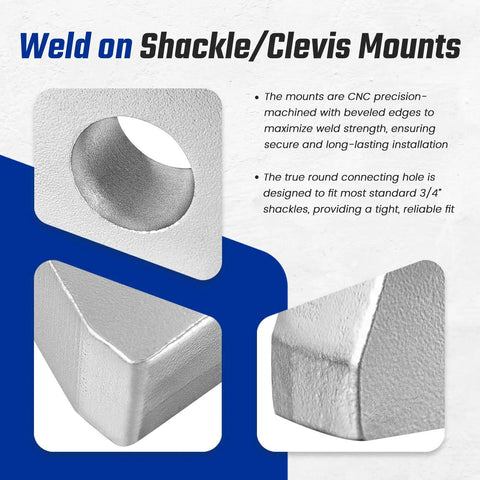 Heavy Duty Weld On Shackle Clevis Mounts 1 Inch Thick Steel For Offroad Trucks Trailers And Hydraulic Tractor Buckets 2 Pack Ready For Rugged Install And Maximum Towing Strength. CNC machined steel mount with beveled edges and 3/4 inch shackle hole