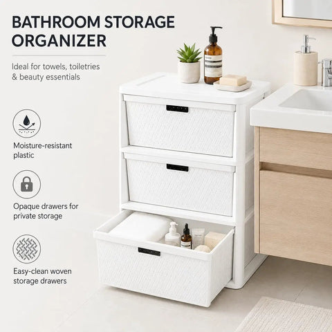 Wide Three Drawer Plastic Storage Tower With Cross Weave Removable Bins For Keeping Your Space Looking Fresh While Solidly Organizing Clothes And Daily Essentials