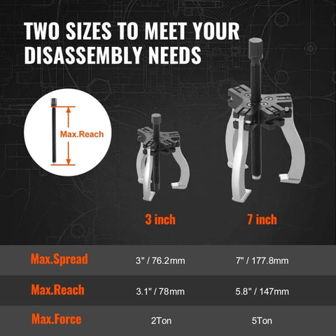 Gear Puller Set With 3 Inch And 7 Inch Pullers, 3 Jaw Gear Bearing Flywheel Pulley Removal Tool, shown with max spread and reach.