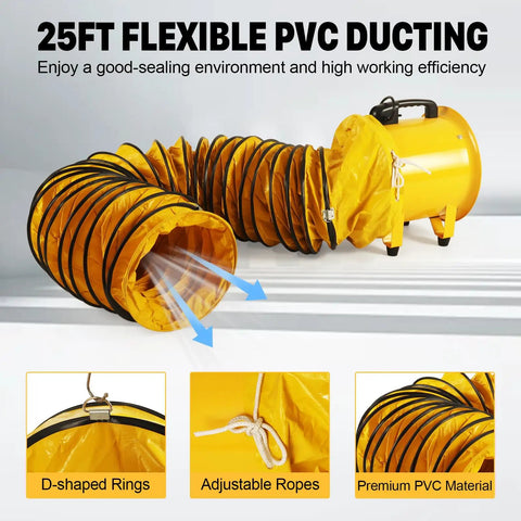 12 Inch High Velocity Blower Fan With 16 Ft Flexible Duct Hose, yellow industrial vent fan with extended PVC duct