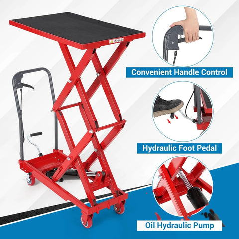EliteEdge Hydraulic Lift Table Cart With 330 Lbs Load Capacity And 50 Inch Max Height Featuring Double Scissor Design, showing foot pedal and handle.