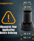 Vacuum Hose Reducer Adapter From Two And Half Inch OD To One And Half Inch ID For Dry And Wet Vacuums Fits Large Hose Accessories And Ports Easy Connect Beefy Shop Vac Compatibility, shown with size measurements