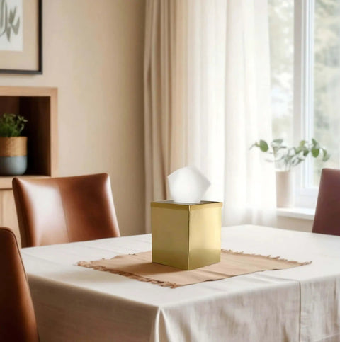 Gold Plated Tissue Box Cover Holder, Square Luxury Tissue Box Holder on dining table