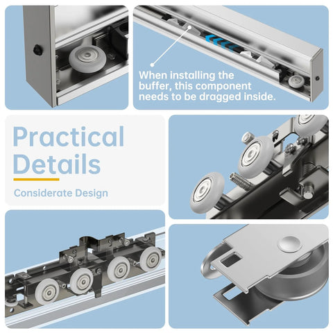 Close-up details of Heavy Duty Hidden Sliding Barn Door Hardware Kit with image of rollers and invisible track design.