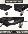 Six 2-inch heavy-duty swivel caster wheels with M8x20mm stems; installation guide showing screws, washers, and hex key